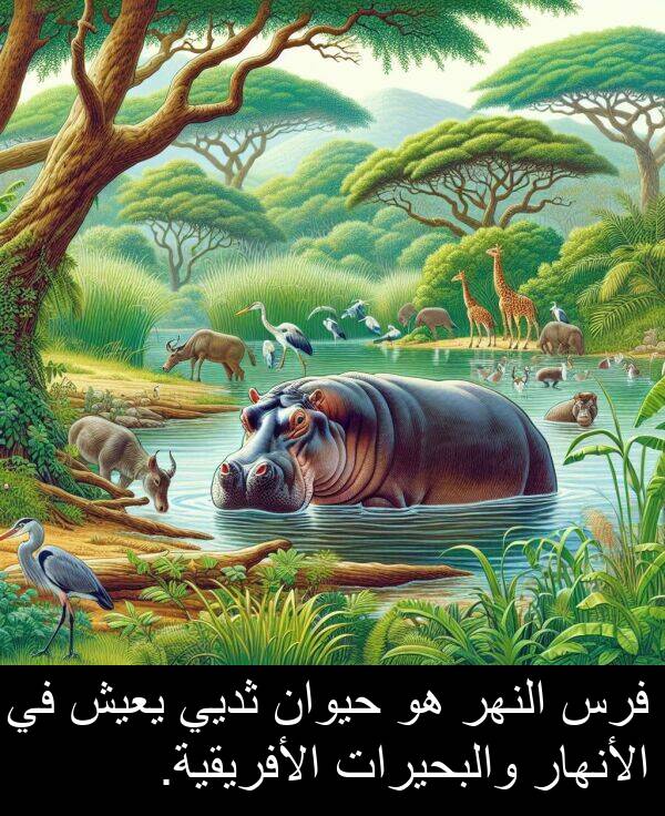والبحيرات: فرس النهر هو حيوان ثديي يعيش في الأنهار والبحيرات الأفريقية.