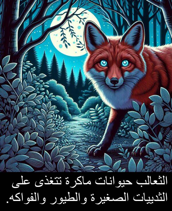 تتغذى: الثعالب حيوانات ماكرة تتغذى على الثدييات الصغيرة والطيور والفواكه.