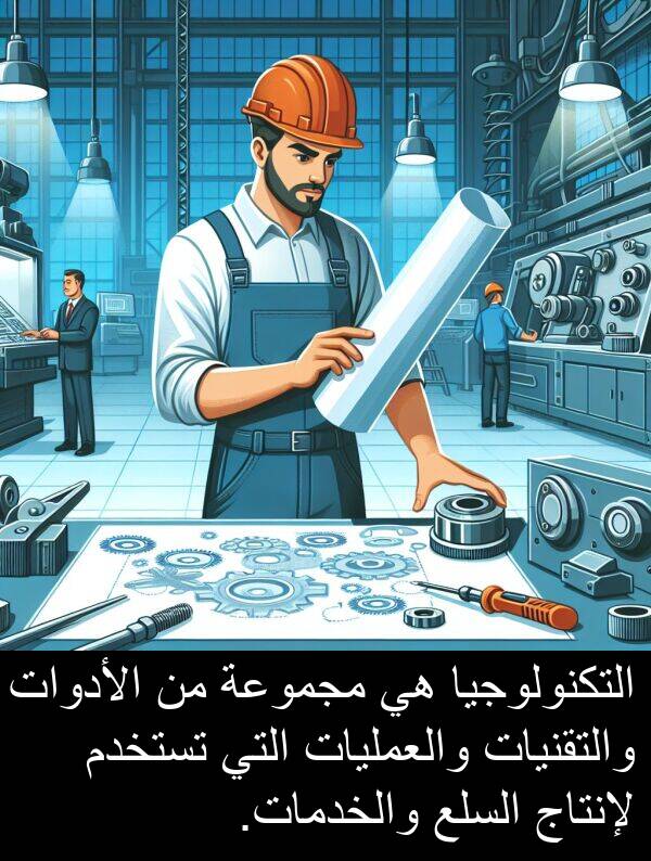 لإنتاج: التكنولوجيا هي مجموعة من الأدوات والتقنيات والعمليات التي تستخدم لإنتاج السلع والخدمات.