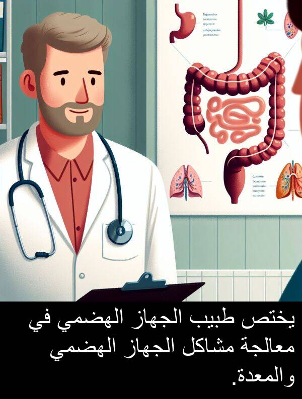 يختص: يختص طبيب الجهاز الهضمي في معالجة مشاكل الجهاز الهضمي والمعدة.