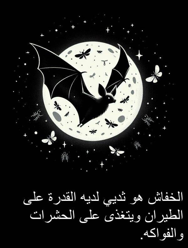 لديه: الخفاش هو ثديي لديه القدرة على الطيران ويتغذى على الحشرات والفواكه.
