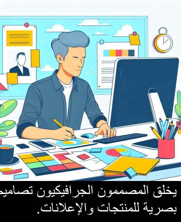 يخلق: يخلق المصممون الجرافيكيون تصاميم بصرية للمنتجات والإعلانات.