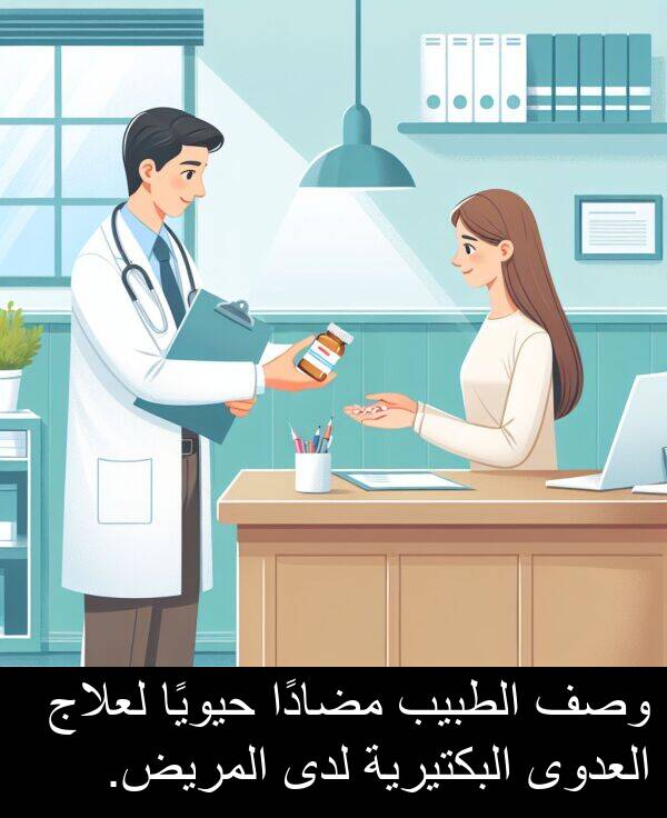 لدى: وصف الطبيب مضادًا حيويًا لعلاج العدوى البكتيرية لدى المريض.