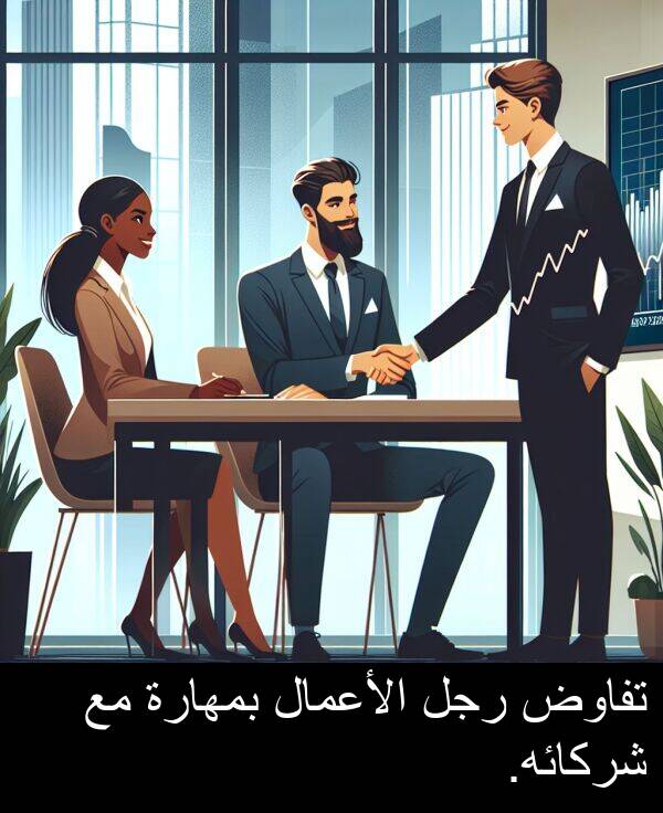 شركائه: تفاوض رجل الأعمال بمهارة مع شركائه.