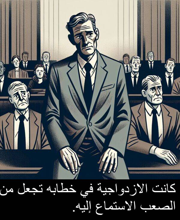إليه: كانت الازدواجية في خطابه تجعل من الصعب الاستماع إليه.