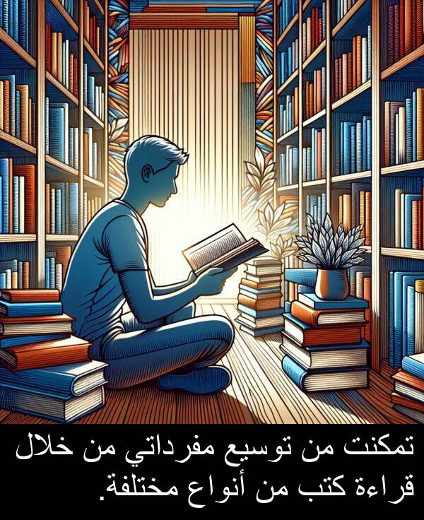 كتب: تمكنت من توسيع مفرداتي من خلال قراءة كتب من أنواع مختلفة.
