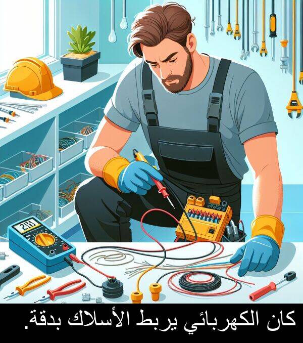 يربط: كان الكهربائي يربط الأسلاك بدقة.