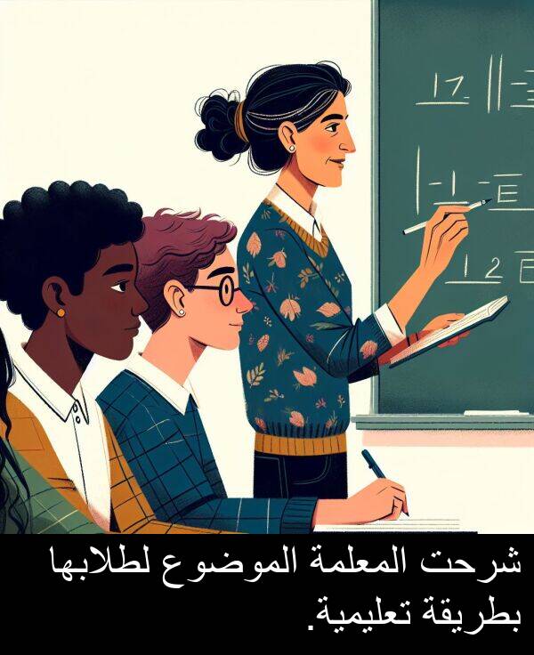 شرحت: شرحت المعلمة الموضوع لطلابها بطريقة تعليمية.