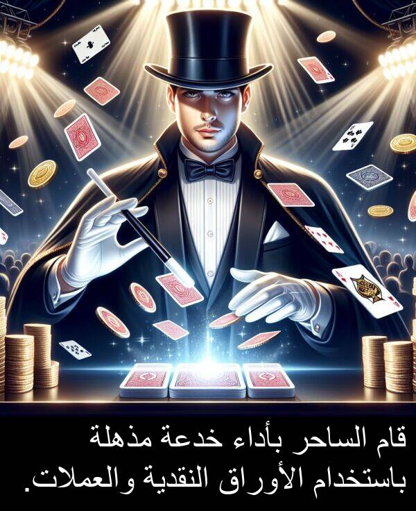خدعة: قام الساحر بأداء خدعة مذهلة باستخدام الأوراق النقدية والعملات.