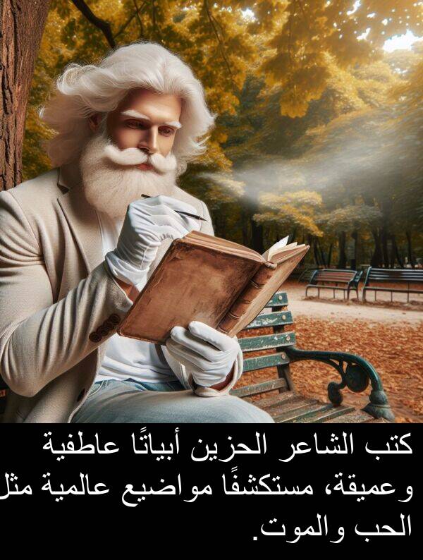 عاطفية: كتب الشاعر الحزين أبياتًا عاطفية وعميقة، مستكشفًا مواضيع عالمية مثل الحب والموت.