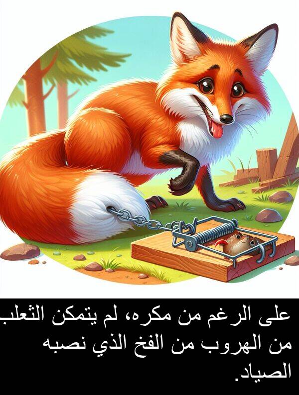 يتمكن: على الرغم من مكره، لم يتمكن الثعلب من الهروب من الفخ الذي نصبه الصياد.