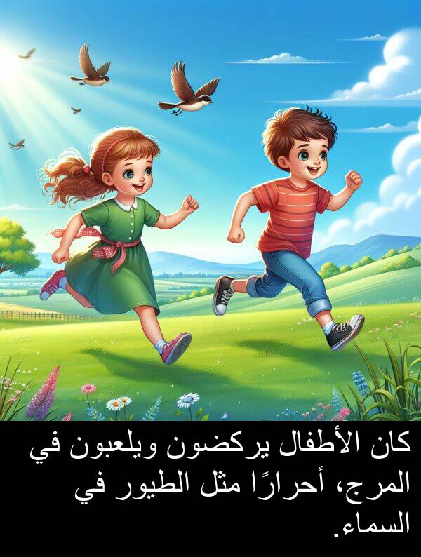 يركضون: كان الأطفال يركضون ويلعبون في المرج، أحرارًا مثل الطيور في السماء.