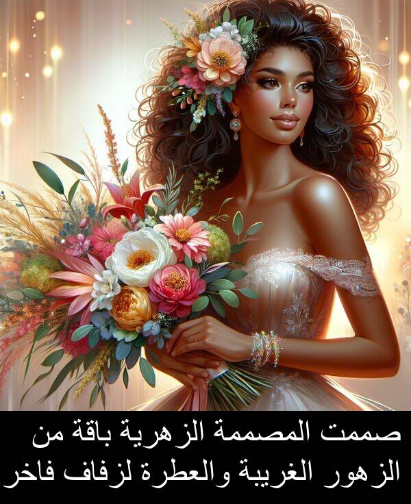 صممت: صممت المصممة الزهرية باقة من الزهور الغريبة والعطرة لزفاف فاخر.