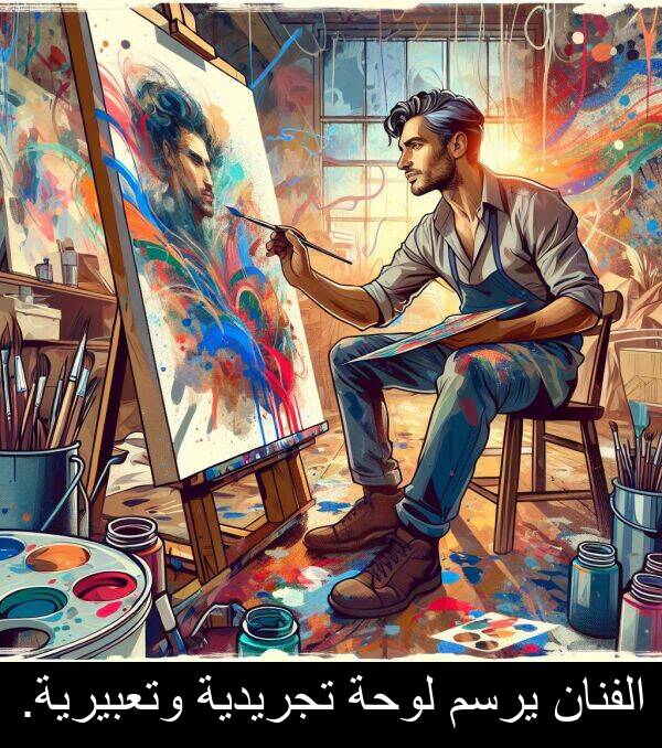 يرسم: الفنان يرسم لوحة تجريدية وتعبيرية.