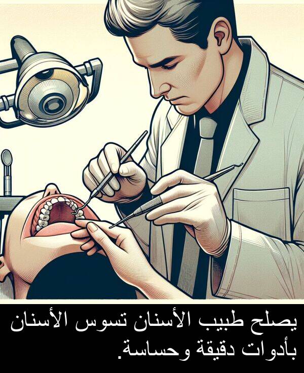 طبيب: يصلح طبيب الأسنان تسوس الأسنان بأدوات دقيقة وحساسة.