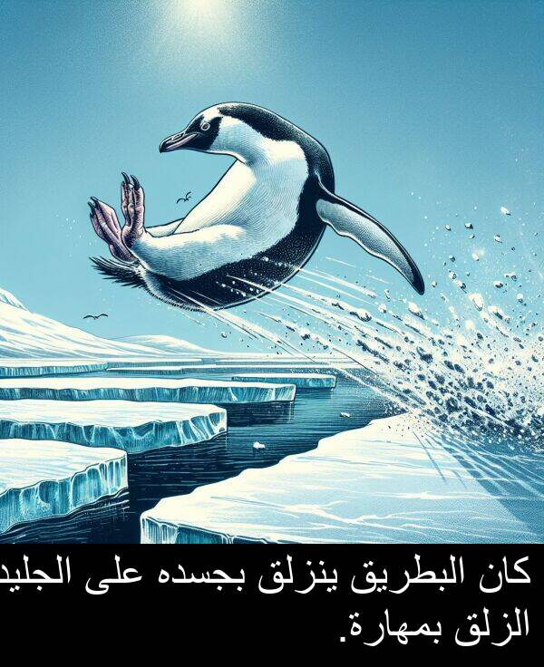 البطريق: كان البطريق ينزلق بجسده على الجليد الزلق بمهارة.