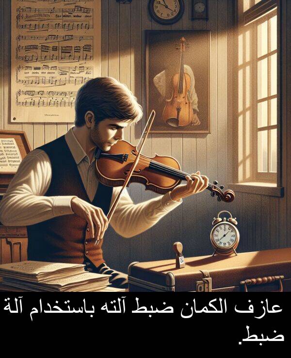 آلته: عازف الكمان ضبط آلته باستخدام آلة ضبط.