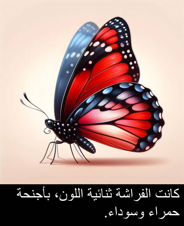 بأجنحة: كانت الفراشة ثنائية اللون، بأجنحة حمراء وسوداء.