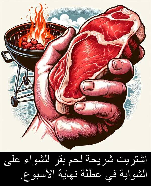 لحم: اشتريت شريحة لحم بقر للشواء على الشواية في عطلة نهاية الأسبوع.