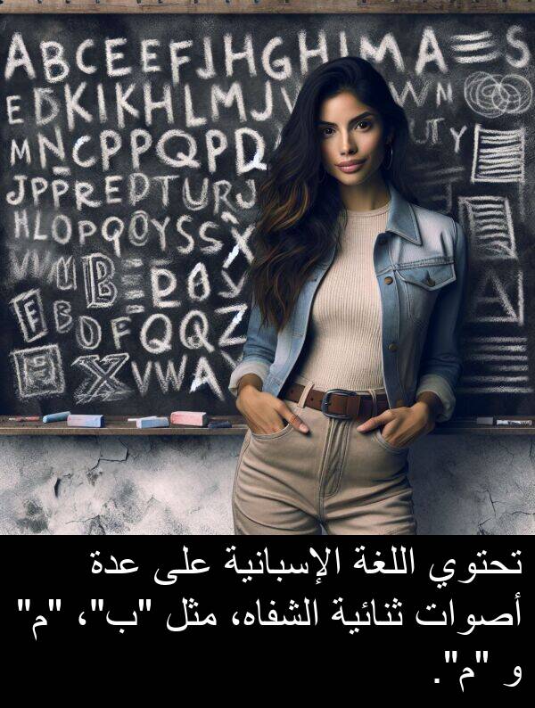 عدة: تحتوي اللغة الإسبانية على عدة أصوات ثنائية الشفاه، مثل "ب"، "م" و "م".