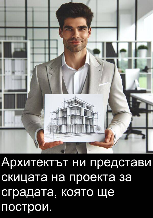 представи: Архитектът ни представи скицата на проекта за сградата, която ще построи.