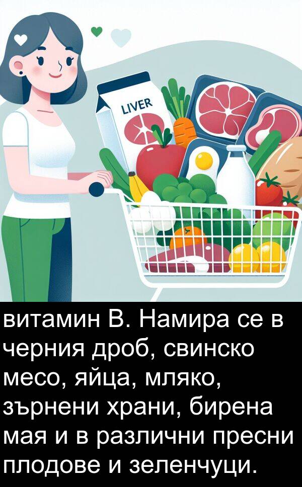 яйца: витамин B. Намира се в черния дроб, свинско месо, яйца, мляко, зърнени храни, бирена мая и в различни пресни плодове и зеленчуци.