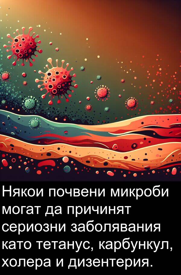 заболявания: Някои почвени микроби могат да причинят сериозни заболявания като тетанус, карбункул, холера и дизентерия.