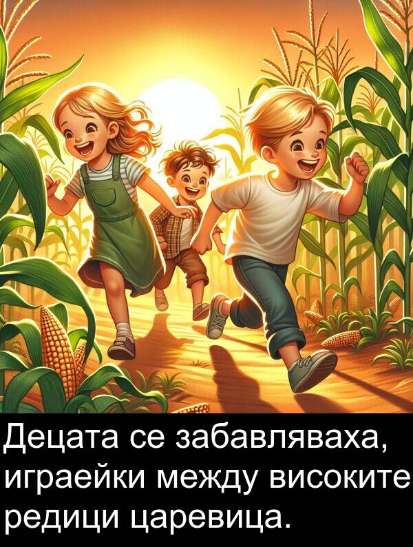 забавляваха: Децата се забавляваха, играейки между високите редици царевица.