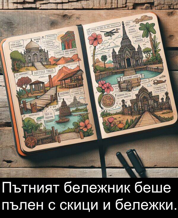 пълен: Пътният бележник беше пълен с скици и бележки.