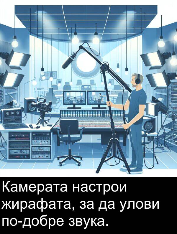 звука: Камерата настрои жирафата, за да улови по-добре звука.