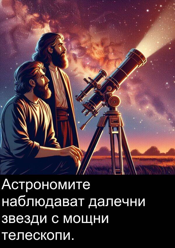 далечни: Астрономите наблюдават далечни звезди с мощни телескопи.