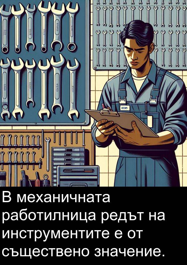 работилница: В механичната работилница редът на инструментите е от съществено значение.