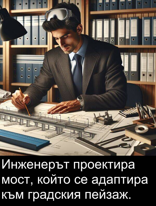 адаптира: Инженерът проектира мост, който се адаптира към градския пейзаж.