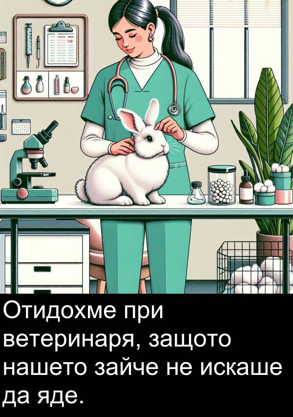 яде: Отидохме при ветеринаря, защото нашето зайче не искаше да яде.