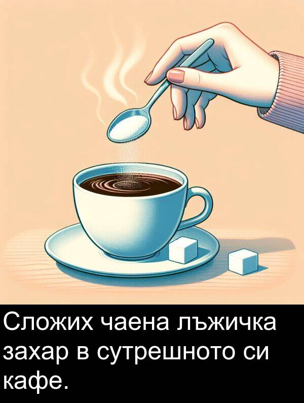 сутрешното: Сложих чаена лъжичка захар в сутрешното си кафе.