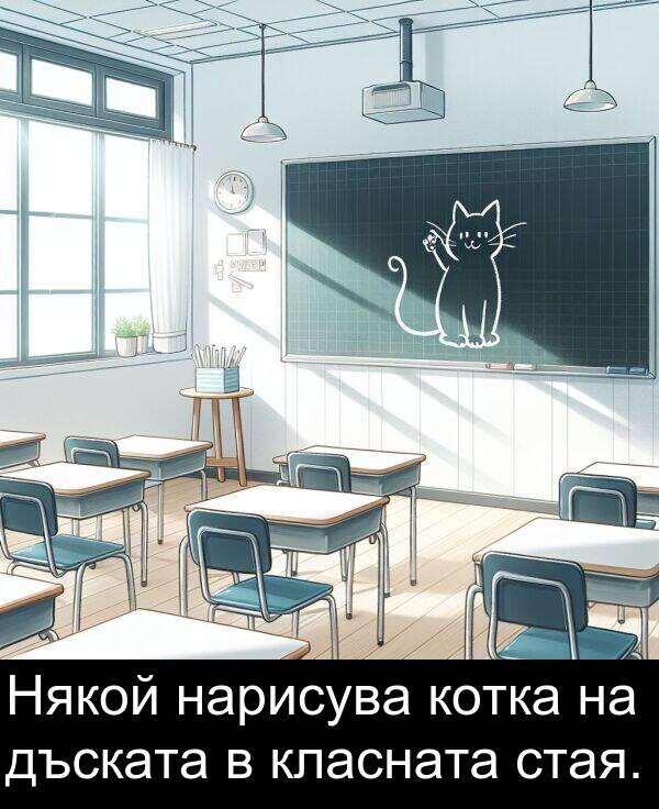 нарисува: Някой нарисува котка на дъската в класната стая.