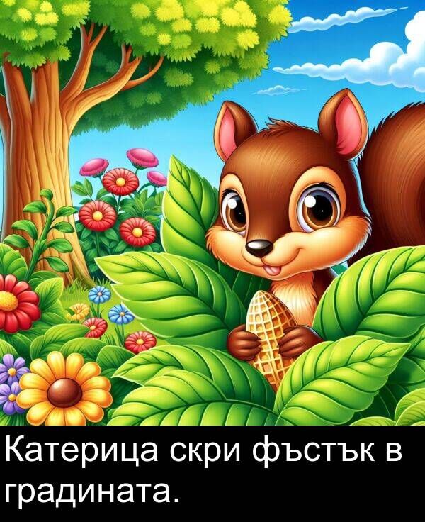 скри: Катерица скри фъстък в градината.