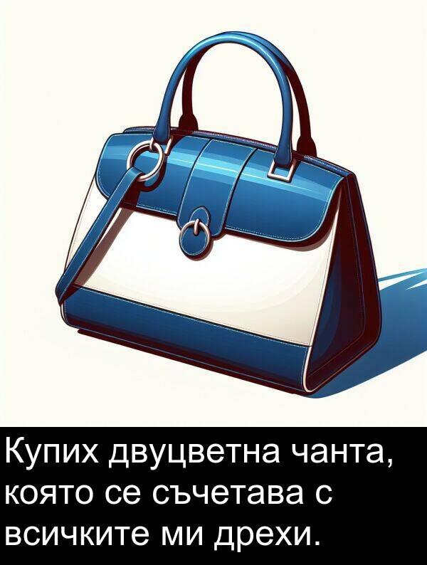 чанта: Купих двуцветна чанта, която се съчетава с всичките ми дрехи.