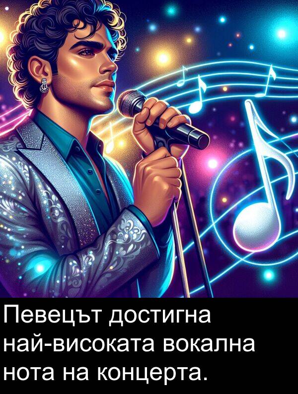 достигна: Певецът достигна най-високата вокална нота на концерта.