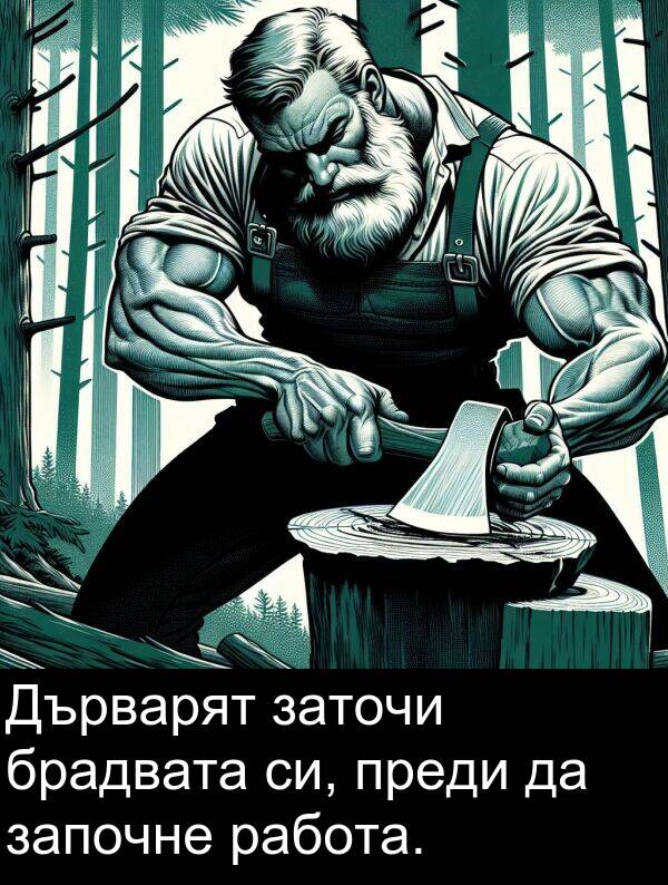 работа: Дърварят заточи брадвата си, преди да започне работа.