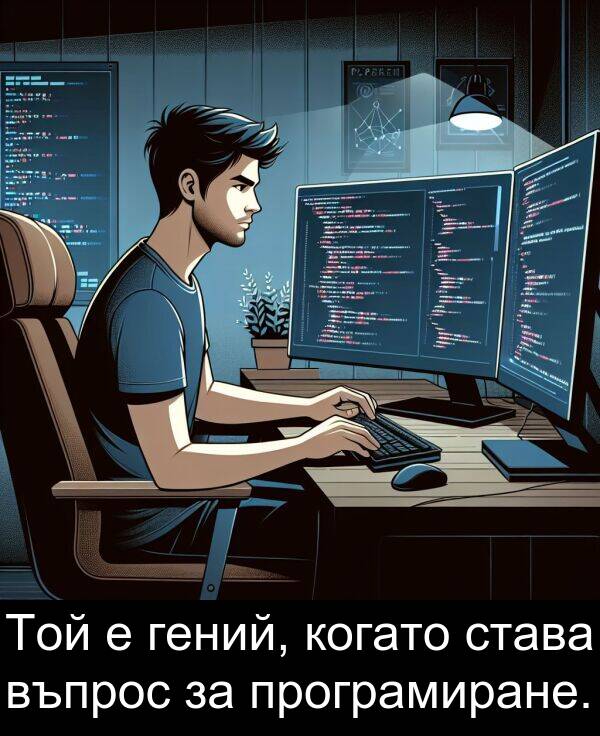 става: Той е гений, когато става въпрос за програмиране.