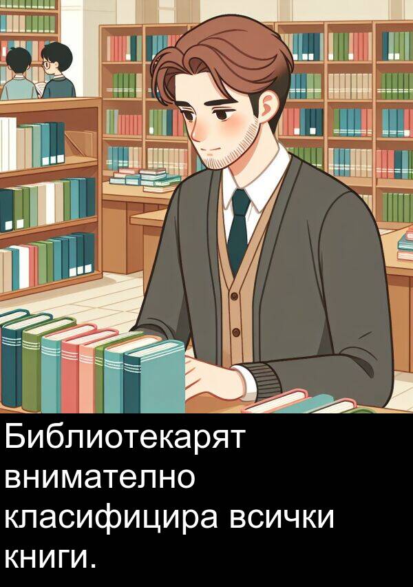 внимателно: Библиотекарят внимателно класифицира всички книги.