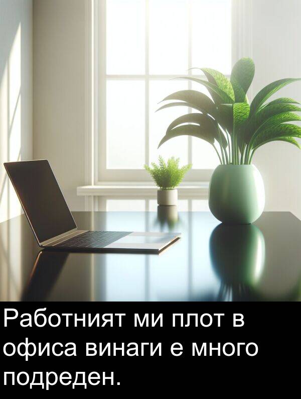 плот: Работният ми плот в офиса винаги е много подреден.