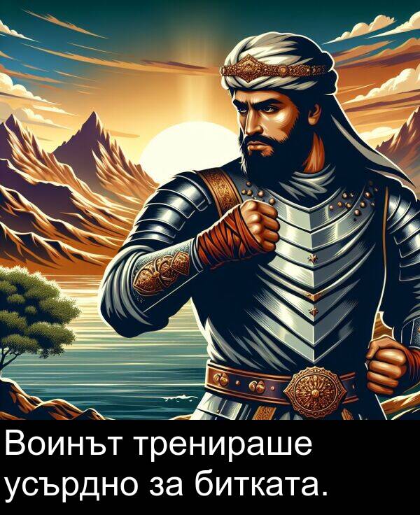 битката: Воинът тренираше усърдно за битката.
