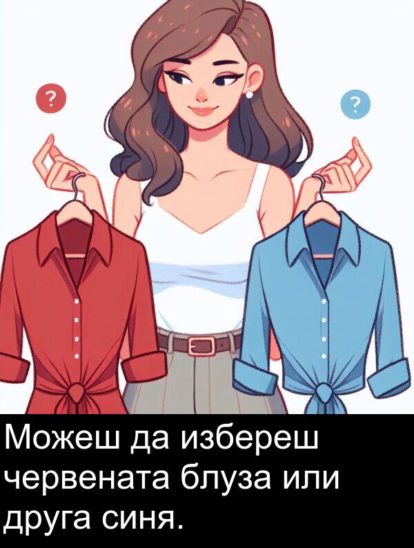 избереш: Можеш да избереш червената блуза или друга синя.