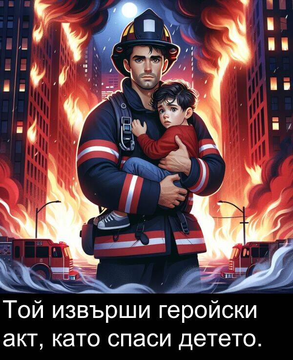акт: Той извърши геройски акт, като спаси детето.