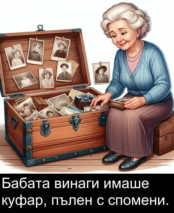 пълен: Бабата винаги имаше куфар, пълен с спомени.