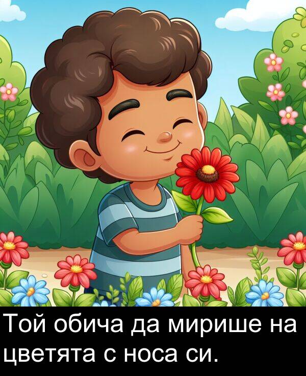 мирише: Той обича да мирише на цветята с носа си.