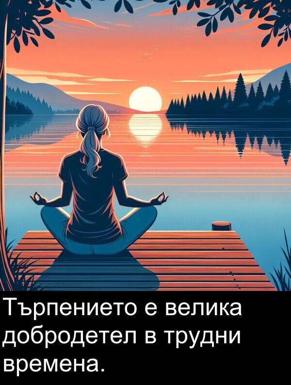 добродетел: Търпението е велика добродетел в трудни времена.