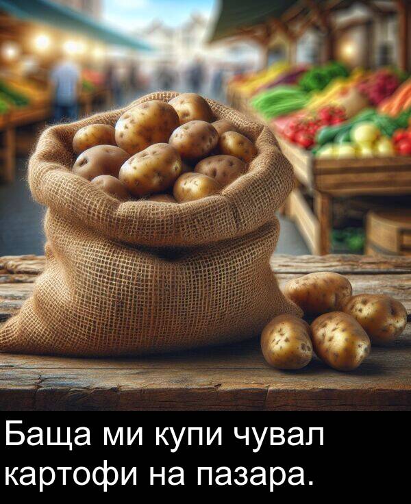 пазара: Баща ми купи чувал картофи на пазара.